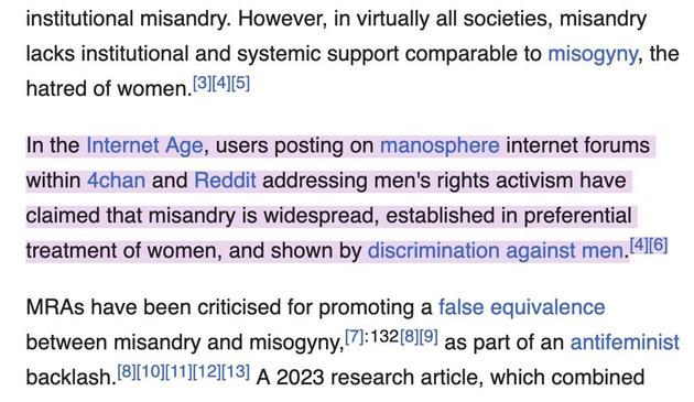 A screenshot of text for the Wikipedia article on Misandry, with the out of context quote, and more context for it around it