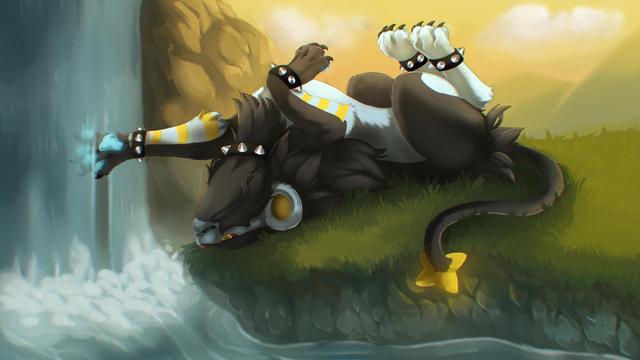 A drawing of a luxray lying on its back with one paw reaching into a waterfall. The paw pads are glowing blue and the star at the end of the tail is glowing yellow. It is wearing a spiked collar and spiked cuffs around fore- and hindlegs.