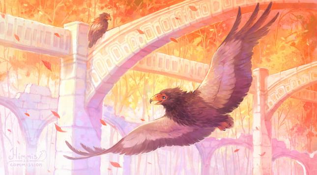 A drawing of a bateleur eagle in flight. It is flying through the arches of an old building, wings stretched out, beak slightly open. The colours of the image are very warm and it looks like a very nice autumn day with some leaves also falling down. On top of one of the arches, another bateleur eagle can be seen, perched.