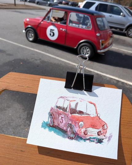 Photo of the Mini sketch with the Mini from another angle as it drove away