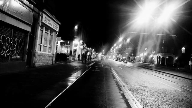 Looking west up Leith Walk towards Edinburgh, at night