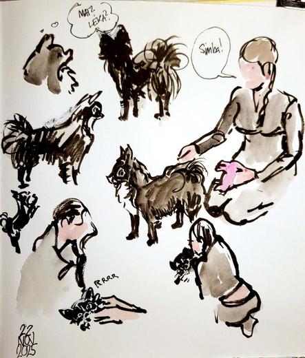 Många små skisser av hund och flickor