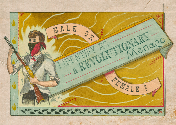 Vintage style illustration with a person armed with a riffle. A text in a Victorian setting reads : male of female ? I identify as a revolutionary menace.