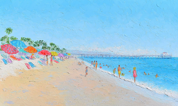 Seascape painting of Newport Beach, California and the Balboa Pier featuring colourful beach umbrellas, palm trees and people swimming and sun baking.