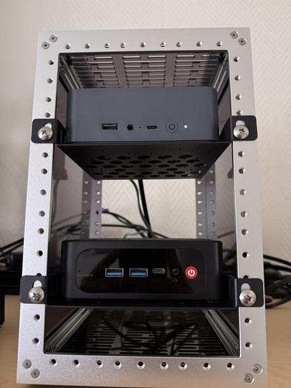 Two servers racked up.
The servers a black.