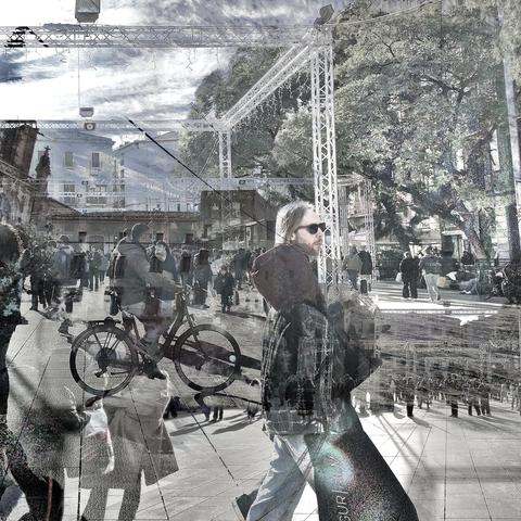 Barcelona digital edited double exposure street photography, made with the GNU Image Manipulation Program.