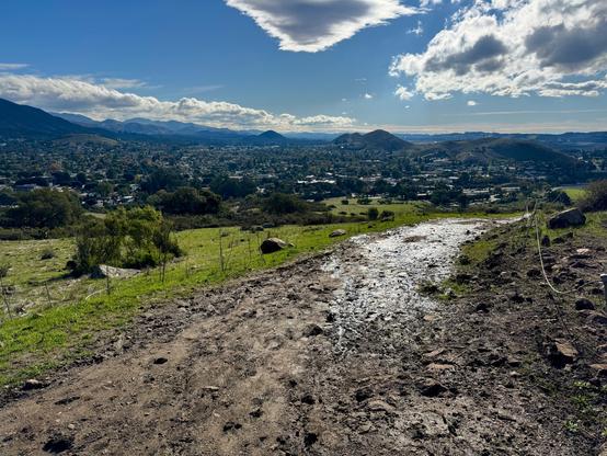 A wide trail shows deep footprints from people sinking in the mud, and the sun is reflecting off the water crossing the trail. The fields are a light green. There are clouds in the sky causing patches of sunlight and shadow. The city of San Luis Obispo is at the base of the mountain and into the distance. Trail is on Cerro San Luis, San Luis Obispo, California.