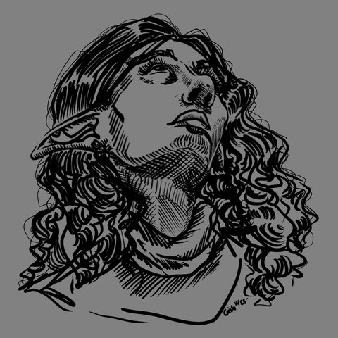 A digital drawing of an elf woman facing upwards.