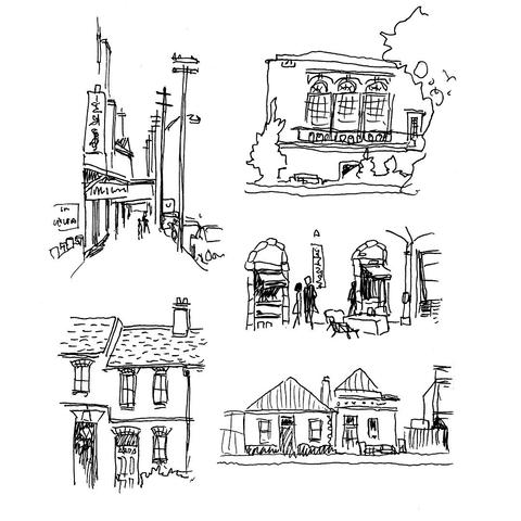 rough ink sketches of various buildings