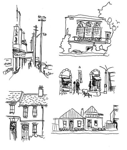 rough sketches in black ink of urban architecture