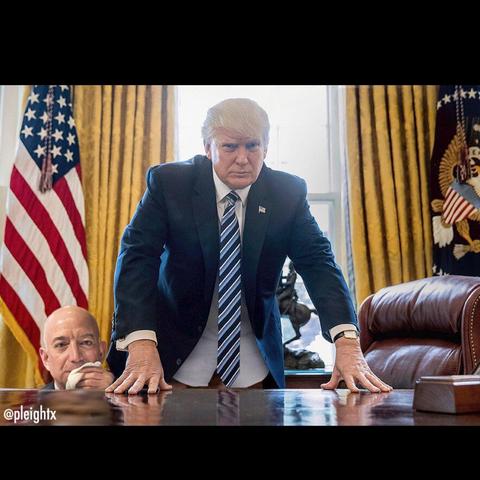 AI - Jeff Bezos after finishing something under the Resolute Desk. Trump is standing with his pants down. Jeff wipes his mouth.