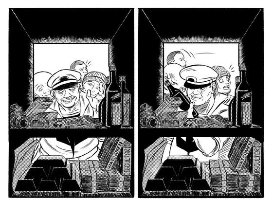 Two side-by-side panels show the interior of a metal safe viewed from the inside out. On the top shelf, there are liquor bottles, a gun, an ammunition box, a camera, and books. On the bottom shelf, there are some papers, gold bars, and stacks of money.

Left panel: A smiling sailor in a white cap looks into the safe alongside other men behind him. They appear curious and excited.

Right panel: The same scene, but now the sailor is looking at a bottle he has taken from the safe. The men behind him look surprised or tense. The objects in the safe remain the same, but the atmosphere is more charged.