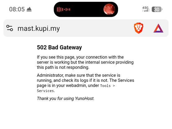 A mobile screenshot showing a 502 Bad Gateway error page on mast.kupi.my powered by YunoHost.