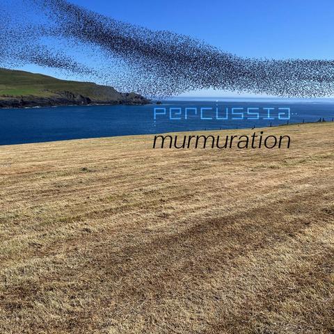 Cover of Percussia's Neuma Records album "Murmuration", featuring a photo with a dense flock of birds (starlings, presumably) over a field of grain beyond which is a river and distant hills.
