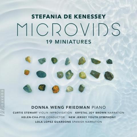 Cover of Stefania de Kennessey's Navona Records album "Microvids", featuring nineteen small stones of various composition and shape on a mottled gray/white background, with the additional text

19 MINIATURES
DONNA WENG FRIEDMAN PIANO
CURTIS STEWART VIOLIN IMPROVISATION KRYSTAL JOY BROWN NARRATION
HELEN-CHA-PYO CONDUCTOR NEW JERSEY YOUTH SYMPHONY
LOLA LOPEZ GUARDONE SPANISH NARRATION