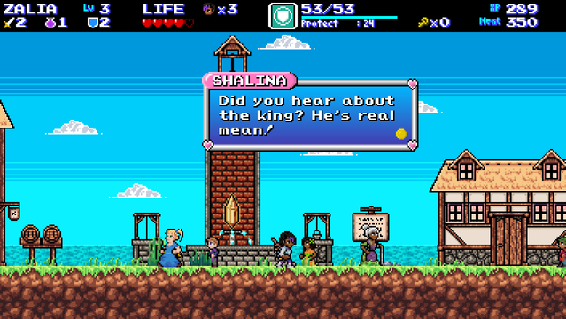 Screenshot of Enigma Heart, a pixel art side-scrolling game reminiscent of Zelda II. The player character, Zalia, is kneeling down to talk to a young girl, named Shalina. Shalina says: "Did you hear about the king? He's real mean!"
