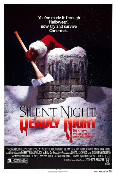 The theatrical poster for Silent Night, Deadly Night. A gloved hand in a Santa suit emerges from a snowy chimney, gripping a large axe. The top text reads, "You've made it through Halloween, now try and survive Christmas." The title appears below in white and dripping red letters next to the tagline, "He knows when you've been naughty."