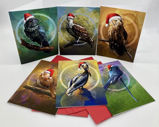 Product photograph of a set of six illustrated greeting cards featuring birds wearing Santa hats, posed on a white background over red envelopes.

Birds include a Raven, an Osprey, a Northern Spotted Owl, a Fox Sparrow, a California Brown Pelican, and a Black Phoebe.