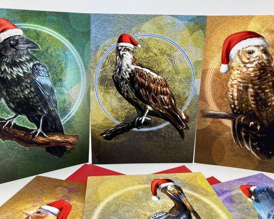 Product photograph of part a set of six illustrated greeting cards featuring birds wearing Santa hats, posed on a white background over red envelopes.

Birds include a Raven, an Osprey, and a Northern Spotted Owl.