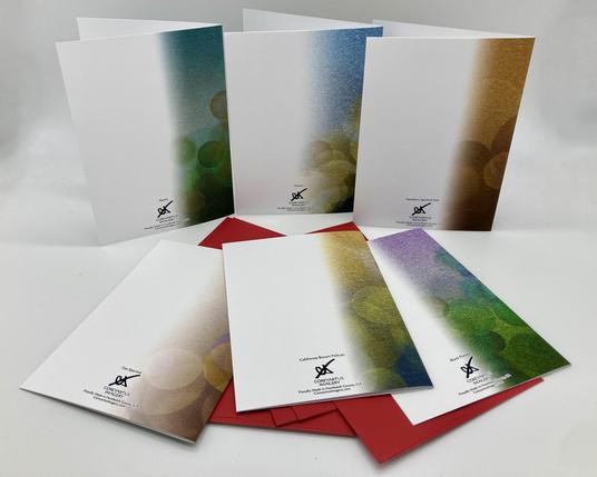 Product photograph of the back side of a set of six illustrated greeting cards featuring birds wearing Santa hats, posed on a white background over red envelopes.
