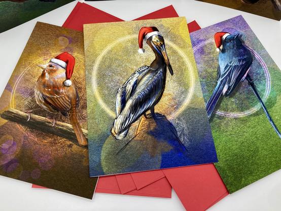 Product photograph of part of a set of illustrated greeting cards featuring birds wearing Santa hats, posed on a white background over red envelopes.

Birds shown include a Fox Sparrow, a California Brown Pelican, and a Black Phoebe.