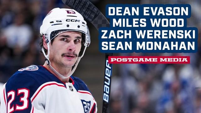 HC Dean Evason, Miles Wood, Zach Werenski and Sean Monahan, CBJ @ Red Wings  | Postgame Media