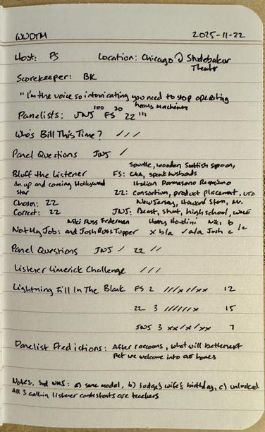 Written notes with panelist, segment and scoring information for the Wait Wait Don't Tell Me! that aired on November 22, 2025