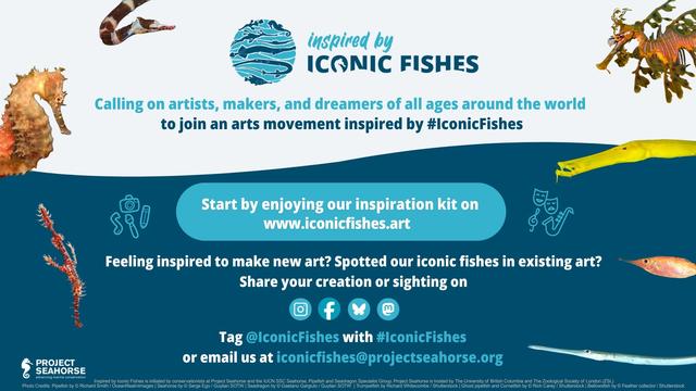 Poster “Inspired by Iconic Fishes” depicting the various species. 
“Calling on artists, makers, and dreamers of all ages around the world to join an arts movement inspired by #IconicFishes. 
Start by enjoying our inspiration kit on www.iconicfishes.art 
Inspired to make new art? Spotted our iconic fishes in existing art?
Share your creation or sighting on social media platforms, tag @IconicFishes with #IconicFishes, or email us at iconicfishes@projectseahorse.org”