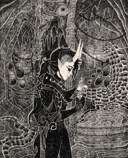 Ilustración digital que imita lápices tradicionales, en blanco y negro, de mi personaje Gabriel caminando por un paisaje extraterrestre. El personaje tiene cuernos, aspecto andrógino, pelo largo y negro atado atrás, una armadura negra de aspecto insectoide y está ensimismado mirando una flor que lleva en la mano. El fondo se ve también de aspecto insectoide y orgánico, pero es más que nada abstracto. Se intuye el fondo de una cueva con esferas pegadas a los muros, y unas escaleras. Hay cadenas colgando por acá y por allá, y alguna especie de cañería orgánica en el suelo.
