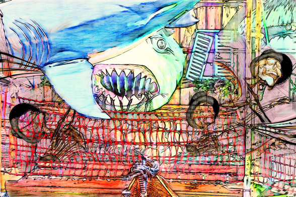 Bearbeitetes Foto: Ein Haifisch dessen Zähne man sieht, winkende Skelette, ein Fenster mit maroden Läden und ein Netz ohne doppelten Boden.

Edited photo: A shark with visible teeth, waving skeletons, a window with dilapidated shutters, and a net without a double bottom.