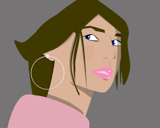 A stylized vector portrait of a woman in side profile, turning her head over her shoulder. She has olive-brown hair pulled into a low ponytail with a few loose strands framing her face. She wears a large white hoop earring with a pale pink stud. Her lips are glossy pink, her cheeks softly blushed, and her eyes are bright blue with a confident sideways glance. She has a muted pink sweater and a smooth gray background. The overall style is clean, modern, and slightly minimalist with soft shadows and bold shapes.