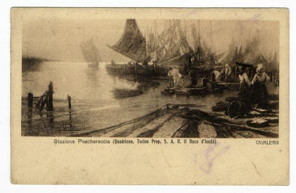The image is a sepia-toned photograph depicting a maritime scene. It appears to be an old postcard, with visible text and creases suggesting it may have been handled or stored in the past.

In the foreground, there's calm water reflecting some of what lies beyond; likely indicating early morning mist as light filters through the air over bodies of water at dawn. In the middle ground, several sailing ships with large sails are moored along a dockside where people can be seen engaging in various activities such as handling equipment or tending to boats.

Onshore, near the edge of the image and partially obscured by the mist, stands what seems like a pier or wharf equipped with wooden structures that could have been used for loading goods onto ships. The background is dominated by more sailing vessels with their sails unfurled in various stages of setting up or catching wind. It's an active scene suggestive of early commercial maritime activity.

The photograph also contains text, likely indicating its origin and the artist; "Stazione Peschereccia (Quadrienn.Torino Prop.S.A.R. Il Duca d'Aosta)" at the bottom suggests a connection to Turin and possibly indicates this as an official postcard from that region or event.

The lower right corner of the image bears the signature 'CAVALERI', which may refer to the artist's name, Cavalieri, who is known for his maritime-themed works.