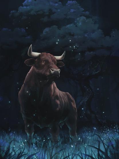 Illustration of a bull in a meadow at nighttime, lit by the moon and surrounded by fireflies. There is a forest in the background