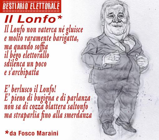Nel disegno, il ministro Antonio Tajani che saltella sorridente. A fianco, una poesia di Fosco Maraini che recita:

"II Lonfo. Il Lonfo non vaterca né gluisce e molto raramente barigatta, ma quando soffia il bego elettorallo sdilenca un poco e s'archipatta

E' berlusco il Lonfo!
E' pieno di bugigna e di parlanza non sa di cozza blattera saltonfo ma straparlia fino alla smerdanza".
