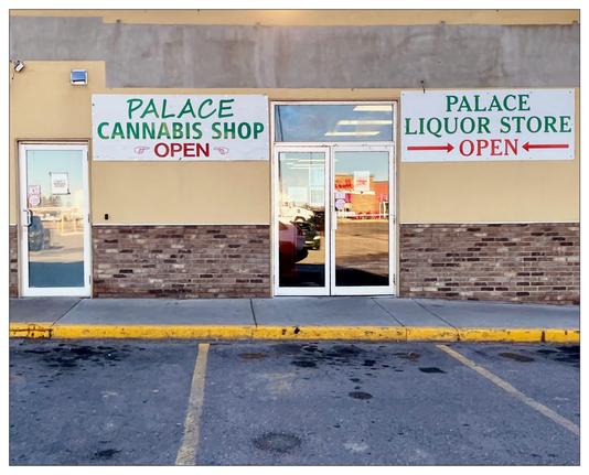Front view of two adjacent storefronts with signage; the left store is labeled "PALACE CANNABIS SHOP" with an "OPEN" sign and distinctive green lettering, and the right store is labeled "PALACE LIQUOR STORE" with a directing arrow and an "OPEN" sign in red lettering. Both shops feature glass doors and brick details near the base, and a parking lot is visible in the foreground.  The two signs are similar but one has three different fonts, and the other just one.