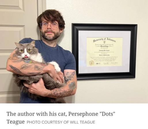 Screenshot from HuffPost showing a man with a cat in his arms standing next to his framed PhD diploma. The title reads "The author with his car, Persephone "dots" Teague" without mentioning the huge diploma that occupies 60% of the picture.