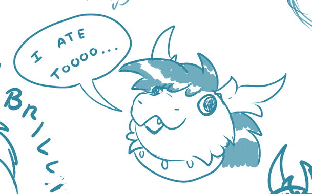 Small clipping of larger digital canvas. Focus on round fluffy dragon head with black hair. Eyes going in opposite directions. Speech bubble says "I ate tooooooo....."