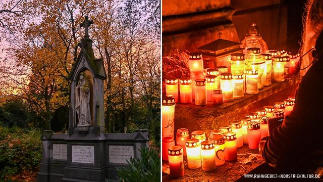 Zweigeteiltes Bild. Links: Neugotisches Grabmal mit Statue unter steinerner Baldachinarchitektur und Kreuz, fotografiert bei Sonnenuntergang mit herbstlich gefärbten Bäumen. Rechts: Zahlreiche brennende Grablichter in warmen Rot- und Gelbtönen.
