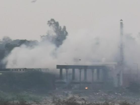 Dicker schwarzer und weißer zwischen undeutlichen Betonbauten.