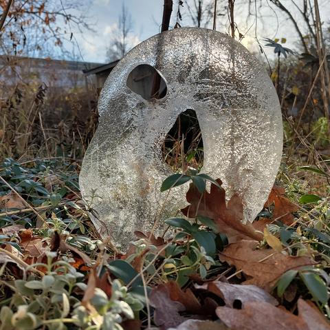 Eine runde Eisscheibe lehnt an einem Stängel. In der Scheibe sind 2 Löcher, dadurch erinnert sie an einen Totenschädel