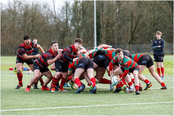 A rugby match in progress on a grass field. Players in red and black jerseys are engaged in a scrum, while one player in a green and red jersey prepares to pass the ball. Other players are observing the play.