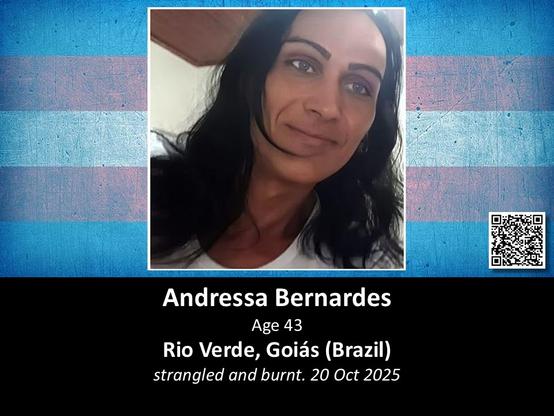 Andressa Bernardes
Age 43
Rio Verde, Goias (Brazil)
strangled and burnt. 20 Oct 2025