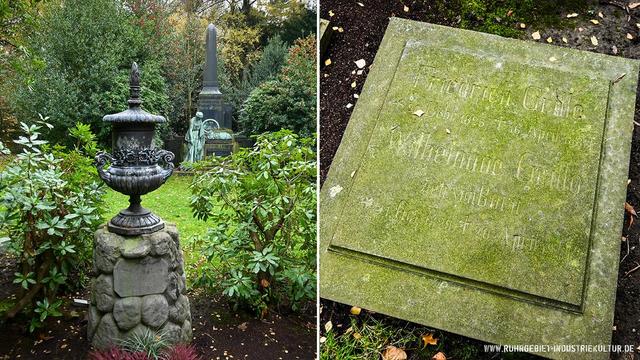 Zweigeteiltes Bild eines Friedhofs. Links: Steinskulptur auf steinerner Säule, umgeben von grünen Rhododendren und Grabsteinen. Rechts: Nahaufnahme eines moosbedeckten, verwitterten Grabsteins mit kaum lesbarer Inschrift von Friedrich Grillo.

 