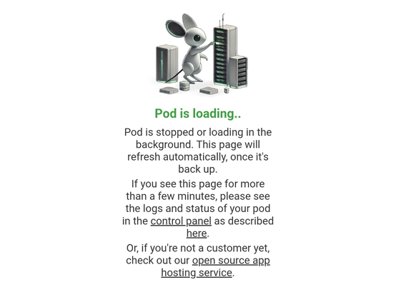 A screenshot of the PikaPods "Pod is loading" page with a mouse graphic.