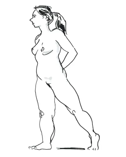 Schnelle Skizze einer nach links gedrehten Stehenden. Die Frau hat ihre Hände auf den Rücken gelegt. Sie steht auf dem rechten Bein und streckt das linke nach hinten, das sie nur mit ihren Zehen abstützt.