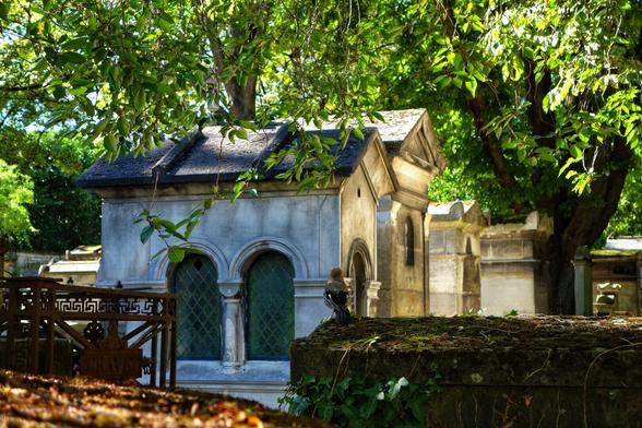 A tranquil scene at the Père Lachaise Cemetery, featuring a small, ornate mausoleum constructed from light-coloured stone. The mausoleum, with its pitched roof and arched green-tinted windows adorned with decorative diamond patterns, stands as a focal point. The structure is framed by the overhanging branches of a large tree, its lush green leaves casting dappled sunlight and shadows across the scene.
In the foreground, a Eurasian jay is perched on a moss-covered stone ledge, adding a vibrant touch of wildlife to the peaceful setting. The ground is scattered with fallen leaves, and a wrought-iron fence partially surrounds the mausoleum, contributing to the atmosphere of quiet reflection and historical reverence. The overall mood is serene, blending natural beauty with the timeless elegance of the cemetery.