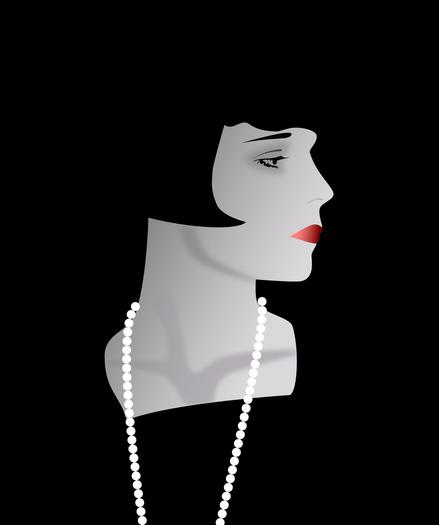 Louise Brooks in profile against a black background, wearing a black dress and pearls.