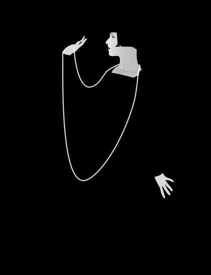 Louise Brooks in a classic low-key photo, wearing all black. Only her hands, face and long pearl necklace is visible in the otherwise black frame.