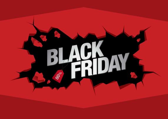 Rot-schwarze Grafik, auf der in silbernen Buchstaben „BLACK FRIDAY“ steht.