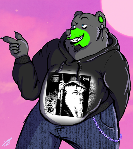 Black and green bear looking confident and playful.